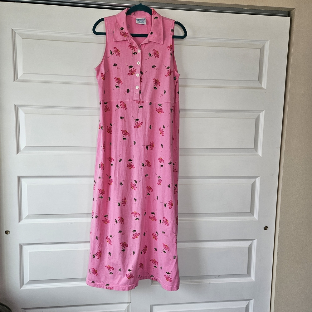 Vintage 90s Zip Code Pink Floral Bumble Bee Cotton Knit Maxi Dress - Large - Picture 2 of 6